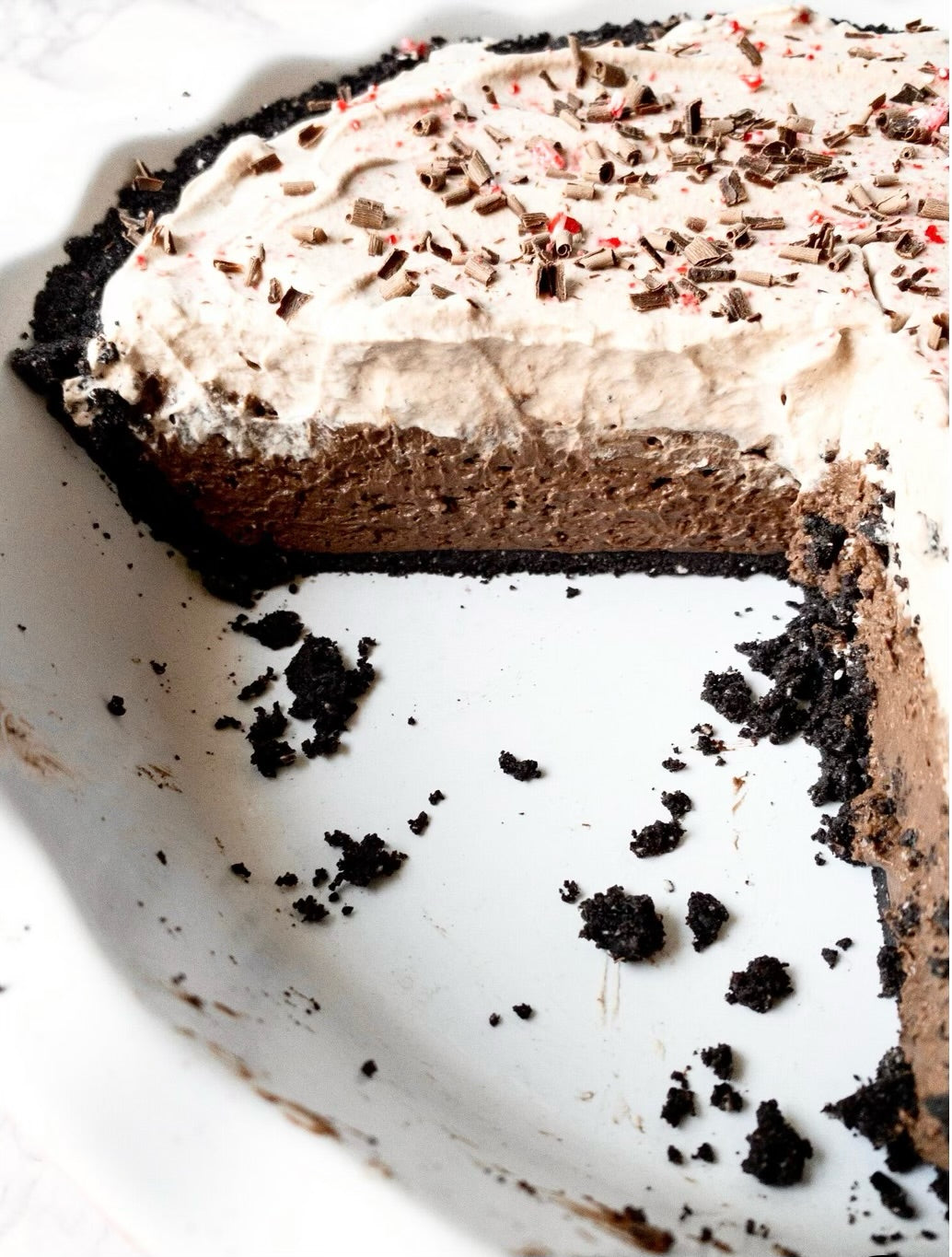 Peppermint chocolate and Oreo cookie crust pie