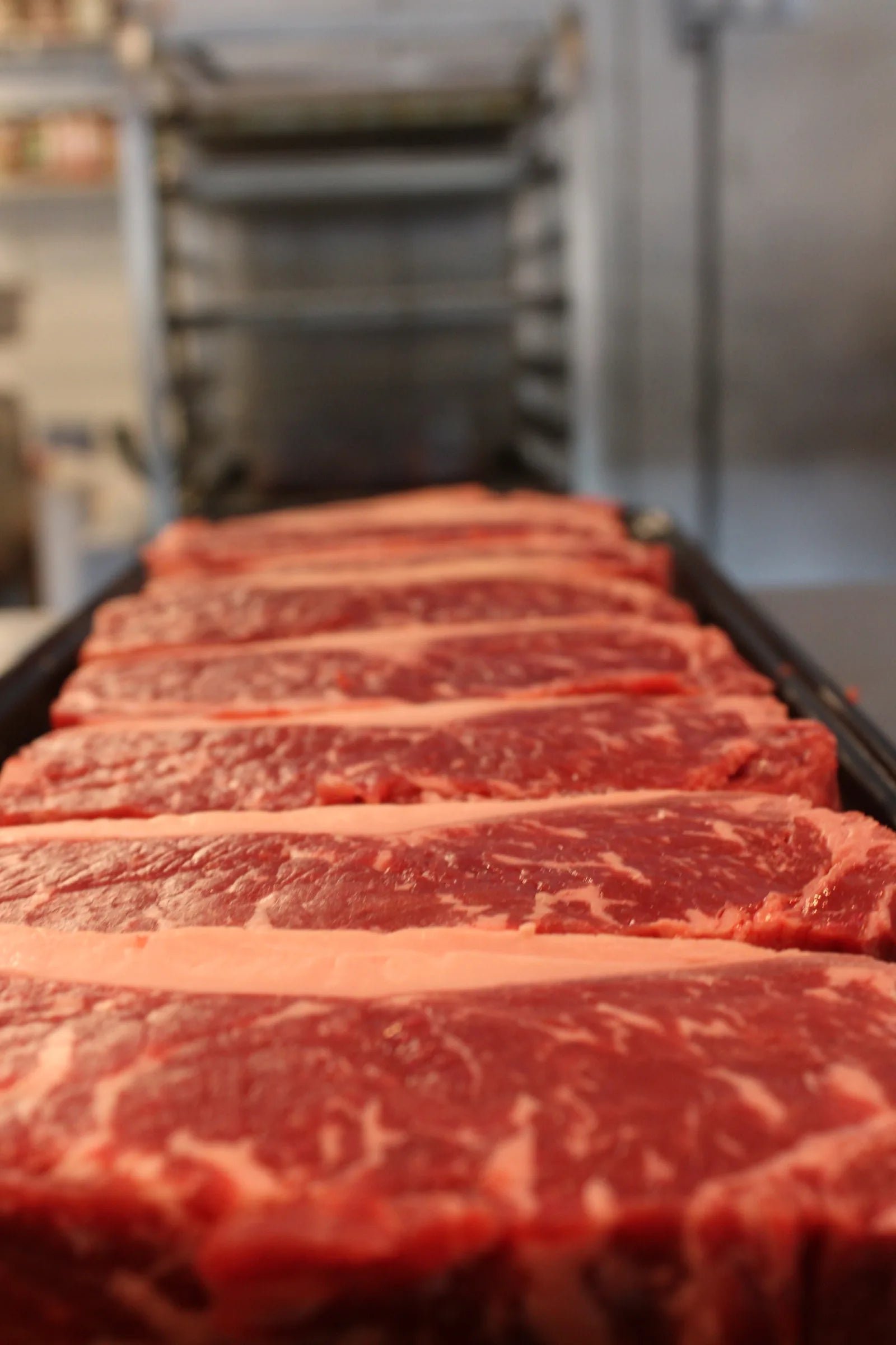 Fresh steaks lined up in the butcher case