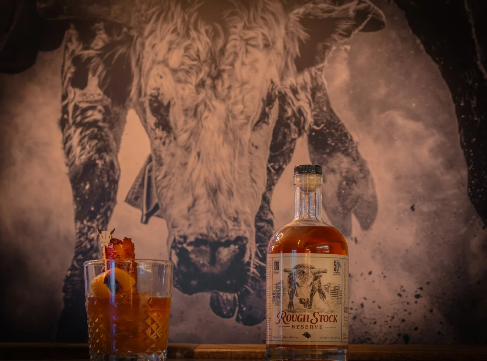 The War Dog bull mural behind the Cowboy Lounge bar