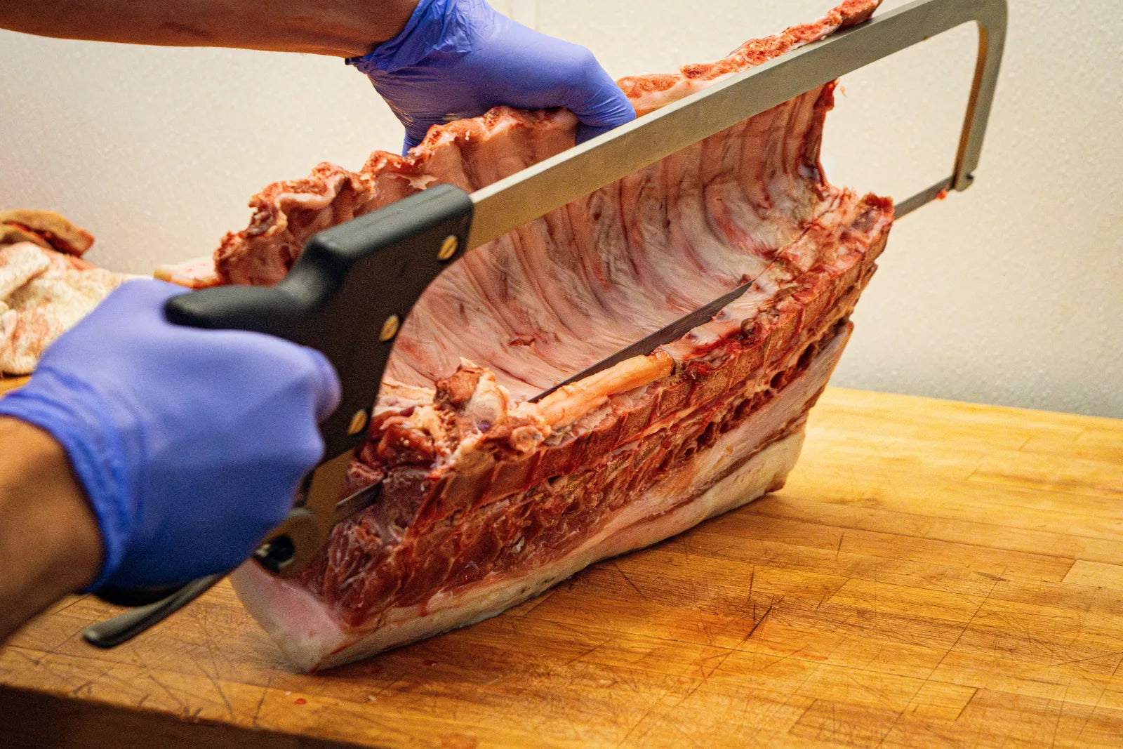 Gloved hands using a metal hand saw to cut through a large raw rib rack on a wooden butcher block.