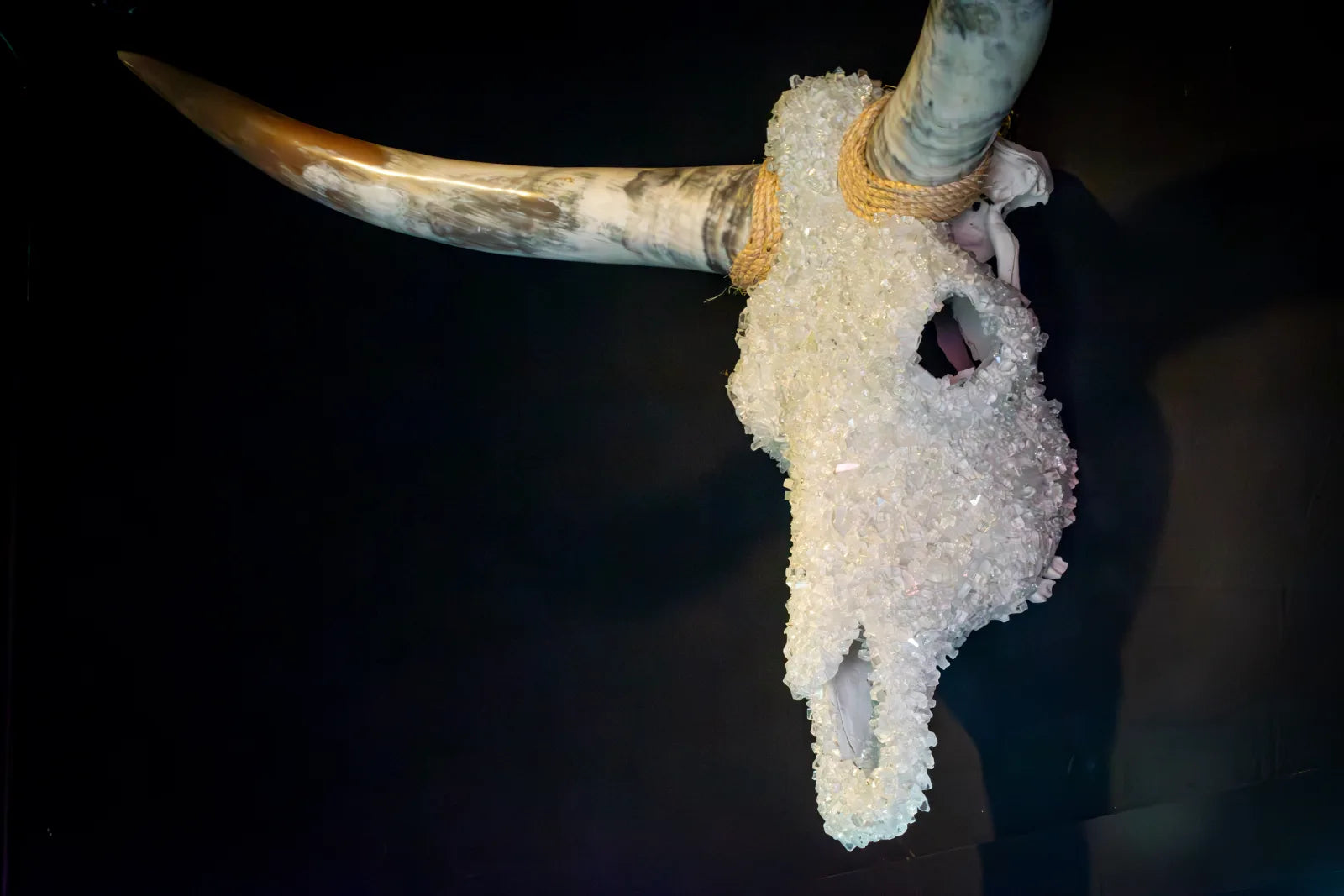 Decorative longhorn skull sculpture covered in clear crystal shards, with a real horn bound by rope, mounted against a stone wall.