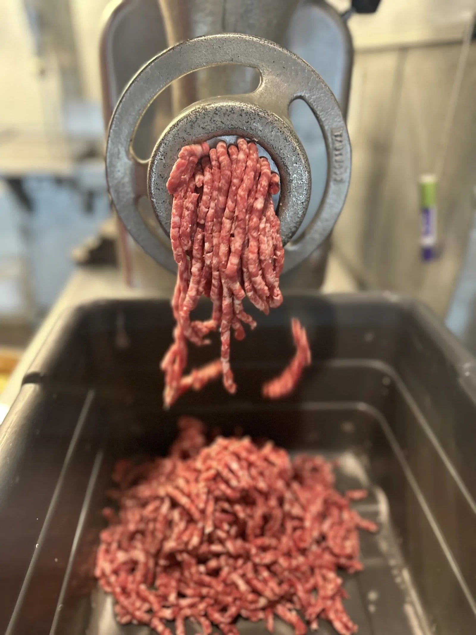 Fresh ground beef falling from a meat grinder onto a pile below.