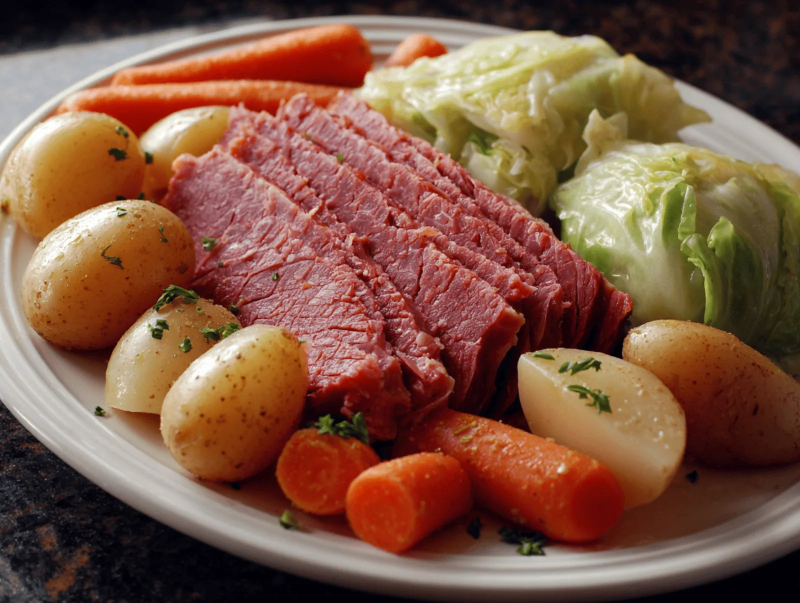 Sliced corned beef with cabbage, baby potatoes, and carrots on a white plate.